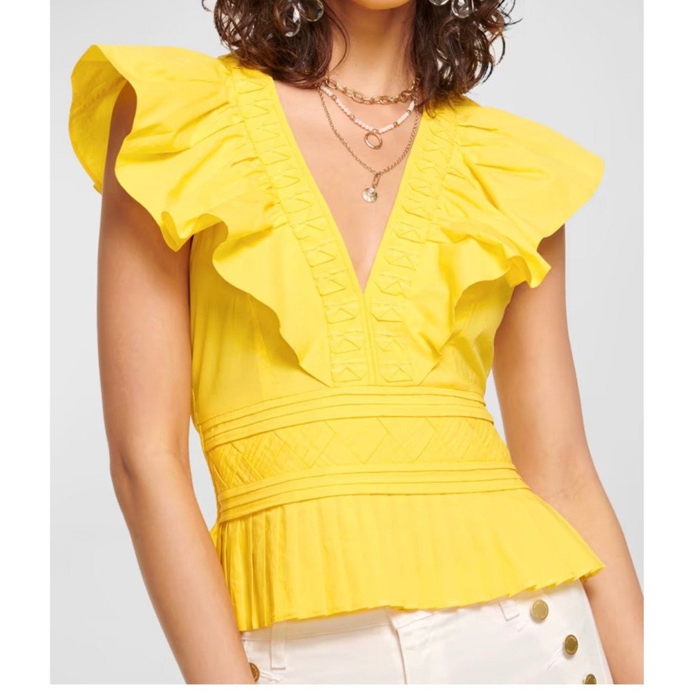 Ramy Brook Emilia Yellow Peplum Ruffle Flutter Sleeve Top XS